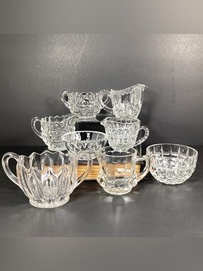 Lot 8 Clear Pressed Glass Creamer And Sugar, 4 Pitchers, 4 Open Sugar, Vintage
